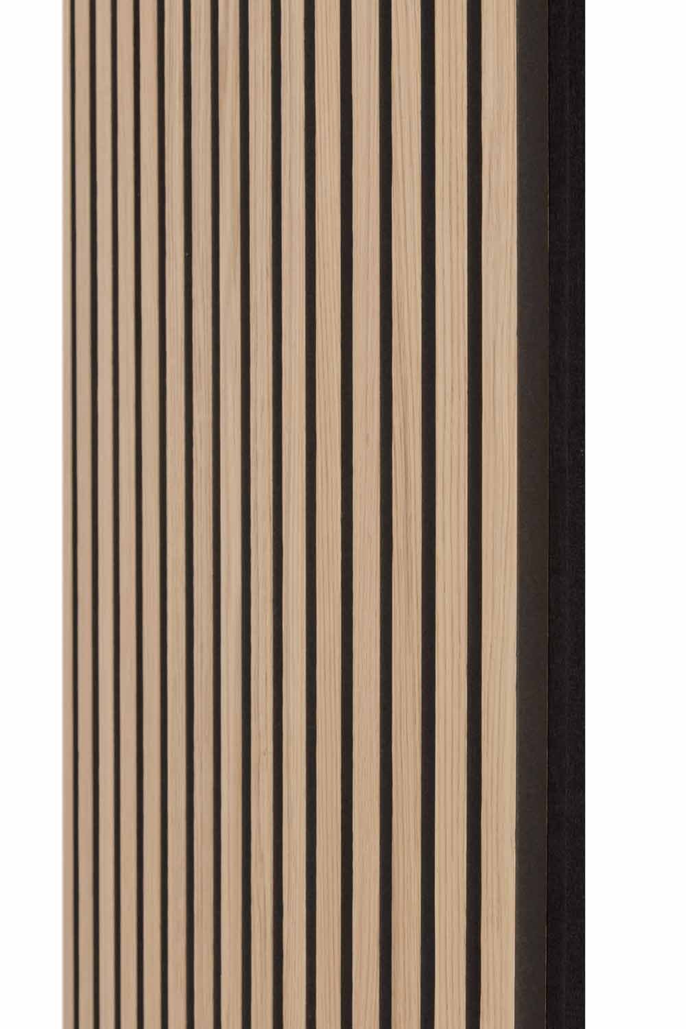 Side view of the Natural Oak and Black Acoustic SlatWall Panel from Naturewall, on felt backing. 

