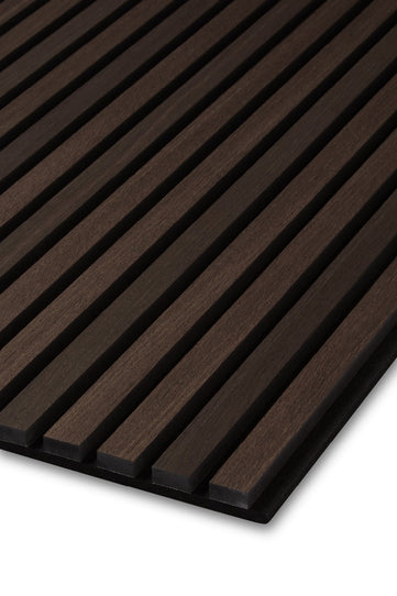 A close up of the Smoked Oak Acoustic SlatWall Panel corner from Naturewall, on felt backing. 