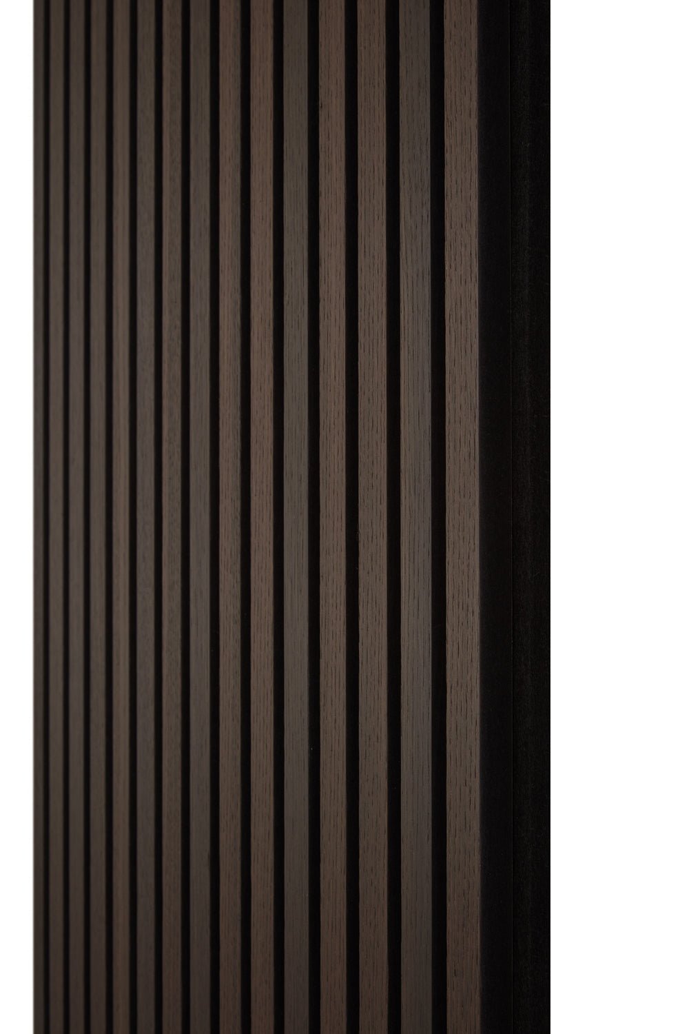Side view of the Smoked Oak Acoustic SlatWall Panel from Naturewall, on felt backing. 