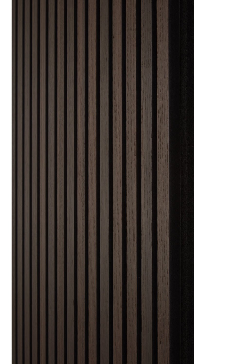Side view of the Smoked Oak Acoustic SlatWall Panel from Naturewall, on felt backing. 

