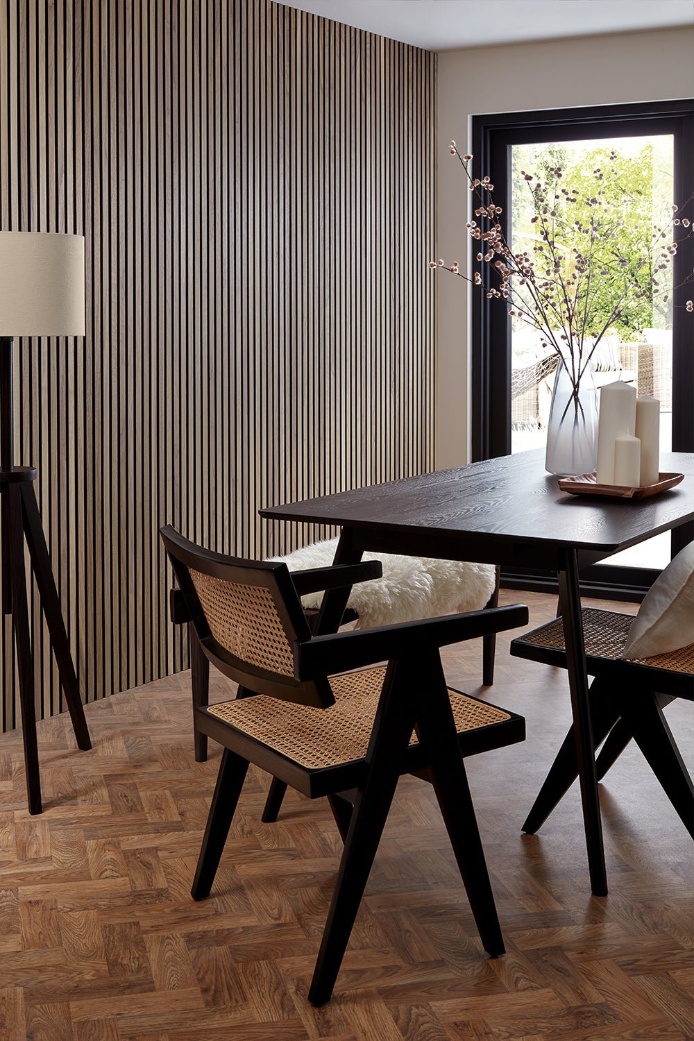 Walnut Acoustic SlatWall Panels from Naturewall in a dining room setting. 