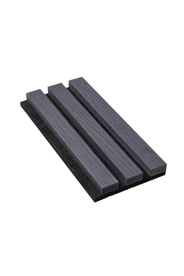 A small sample of a Charcoal Black SlatWall Panel, made of three small slat pieces on felt backing.

