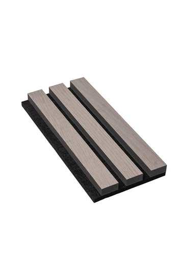 A small sample of a Grey Oak SlatWall Panel, made of three small individual slats on a felt backing.

