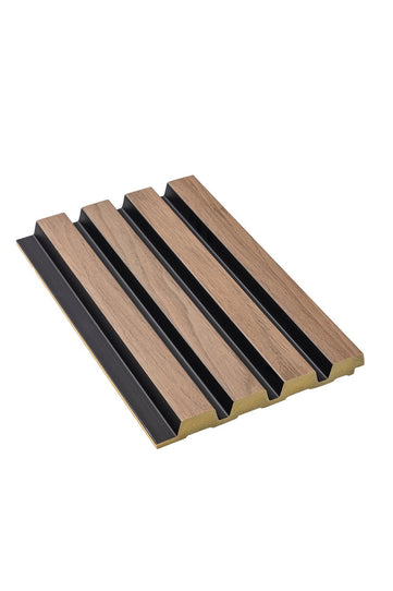 SlatWall Waterproof sample in walnut and black colours.