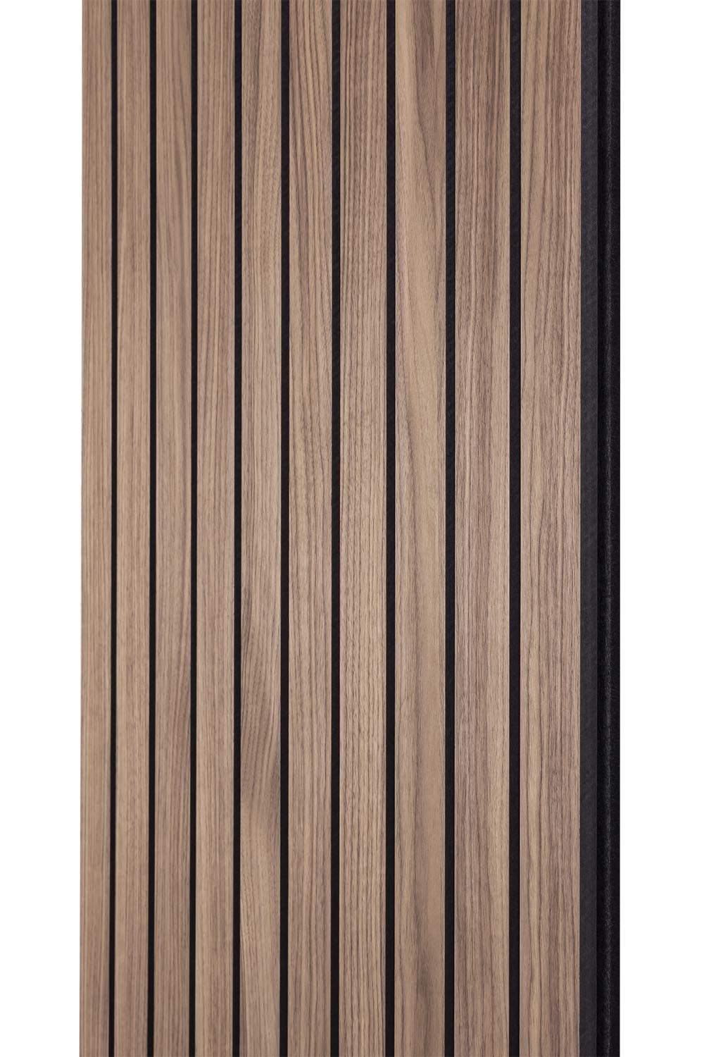 Side view of the Deep Walnut SlatWall Grand Panel from Naturewall, on black felt backing.

