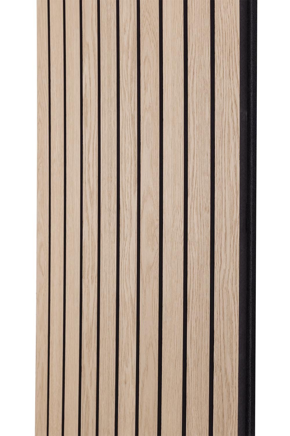 Side view of the Natural Oak SlatWall Grand Panel from Naturewall, on black felt backing. 

